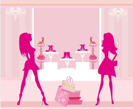 Fashion girls shopping in shoe shop