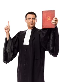 one caucasian lawyer man showing law book in studio isolated on white background