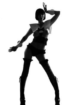 one sexy caucasian sexy woman dress as a maid or soldier silhouette in studio isolated on white background