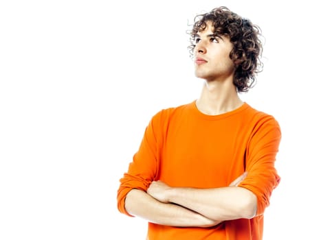 one young man caucasian looking up portrait in studio white background
