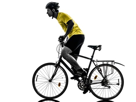 one caucasian man exercising bicycle mountain bike  on white background