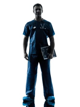 one caucasian man doctor surgeon medical worker standing full length silhouette isolated on white background
