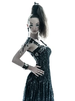 one young beautiful woman fashion model in on aura tout vu silk black fantasy haute couture summer dress in studio white background