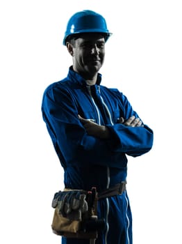 one caucasian man construction worker smiling friendly silhouette portrait in studio on white background