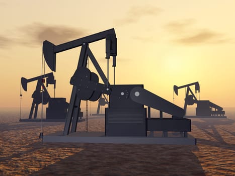 Computer-generated 3D illustration with oil pumps before a sunset