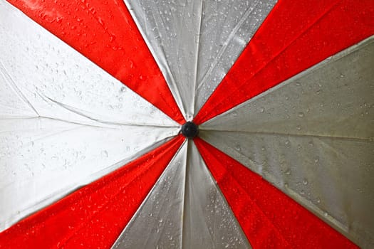 Drops of rain water on the umbrella.