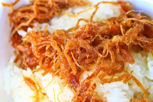Sticky rice with sweet pork chop . Thai local food.Northern thai food