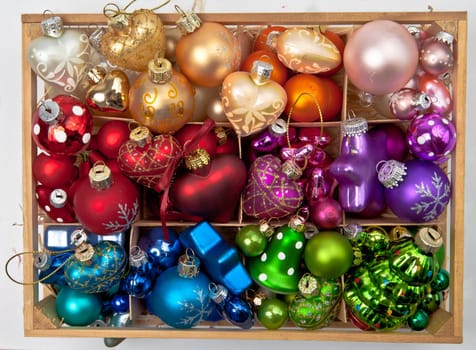 Small box with colorful Christmas tree baubles for Christmas