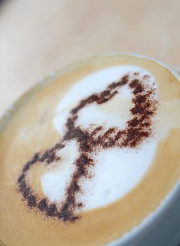 Two heart shapes of chocolate powder on a cappucchino