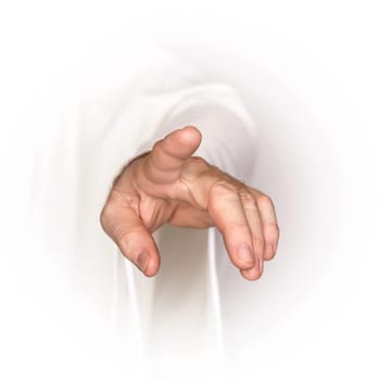 Men's hand in a white robe showing something