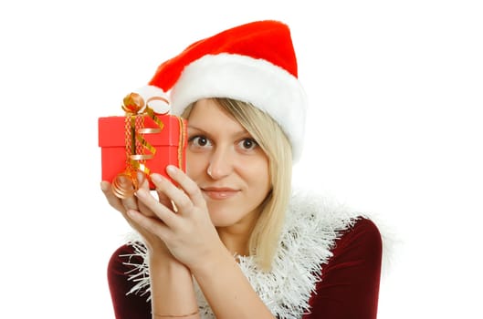 Beautiful girl in Santa hat on white background