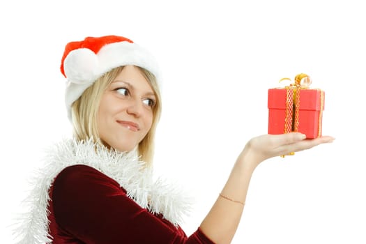 Beautiful girl in Santa hat on white background