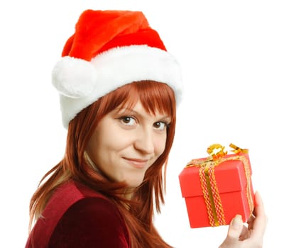 Beautiful girl in Santa hat on white background