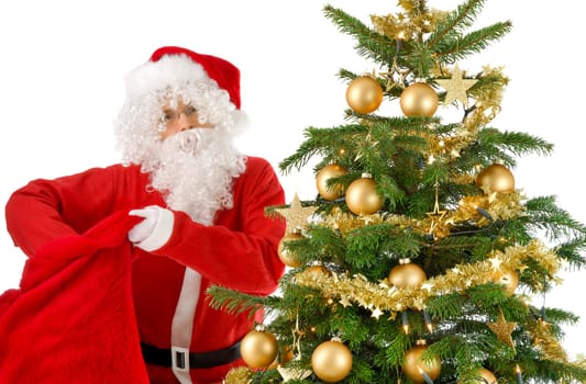 Santa Claus stands next to the Christmas tree and reaches into his red gift bag