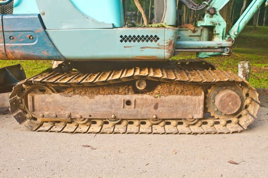 excavator tracks, Backhoe wheel located on site for constuction
