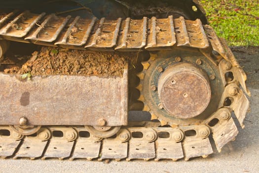 excavator tracks, Backhoe wheel located on site for constuction