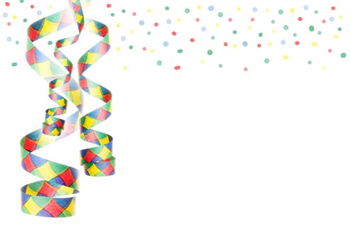 Streamers and confetti,isolated as party decoration for New Year's Eve and celebrations with a white background