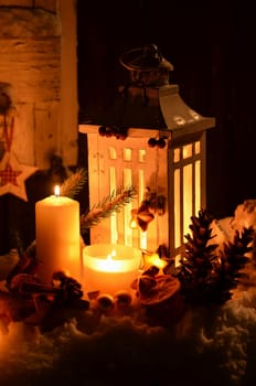 Lantern in the snow contemplative Christmas candlelight