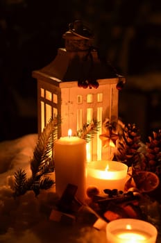 Lantern in the snow contemplative Christmas candlelight