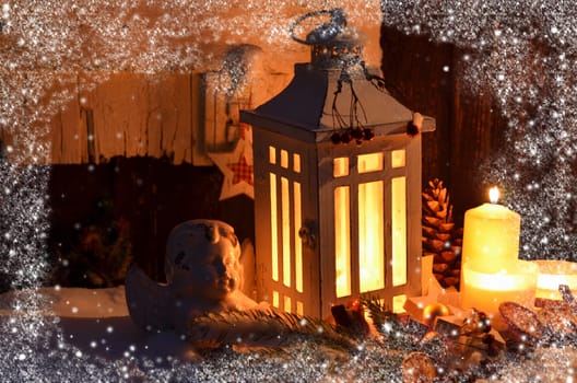 Lantern in the snow contemplative Christmas candlelight