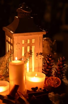 Lantern in the snow contemplative Christmas candlelight