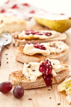 Camembert and jam on toasted slices of ciabatta