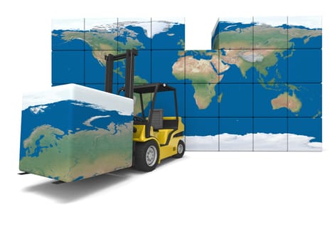 Concept of global transportation, modern yellow forklift carrying piece of global map, isolated on white background. Elements of this image furnished by NASA.