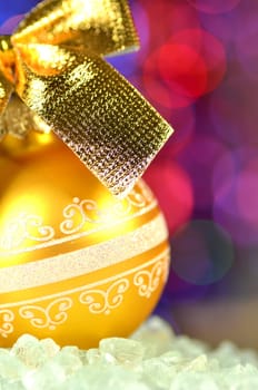 christmas decoration, Christmas ball with golden bow in bokeh background