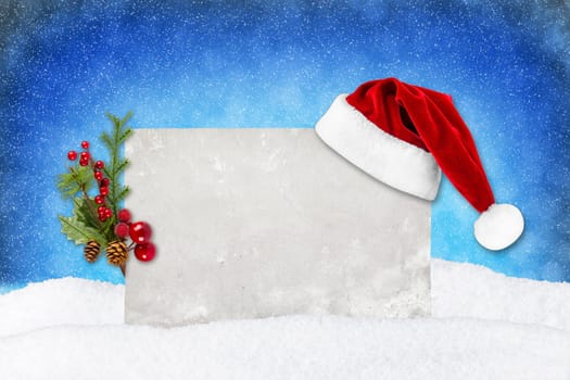 empty Christmas card in front of wooden wall and snow