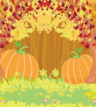 Pumpkins on wooden background with leaves.