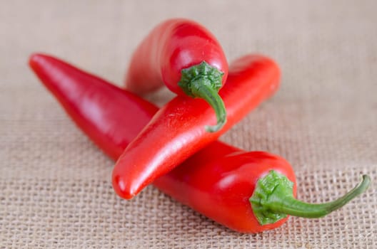Group of three red chili peppers on a hessian background