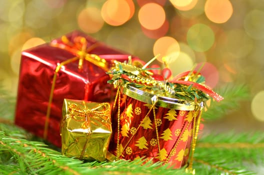 christmas decoration, Christmas presents against bokeh background