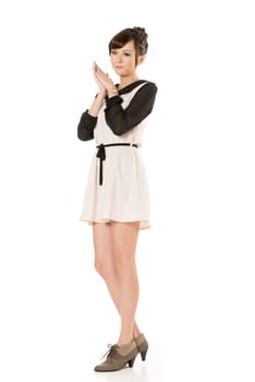 Asian beauty wear a spring dress, full length portrait isolated on white background.