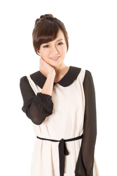 Asian beauty wear a spring dress, closeup portrait isolated on white background.