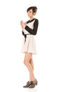 Asian beauty wear a spring dress, full length portrait isolated on white background.