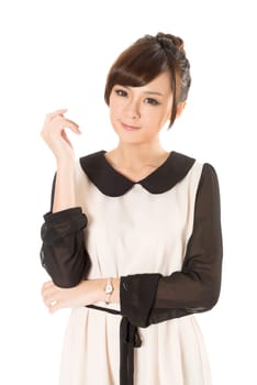 Asian beauty wear a spring dress, closeup portrait isolated on white background.