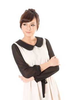 Asian beauty wear a spring dress, closeup portrait isolated on white background.