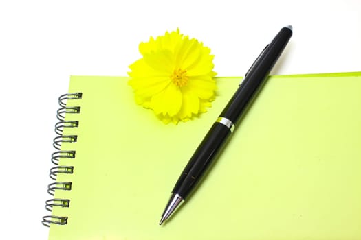 Pen resting on notebook and Yellow flower isolated on the white background