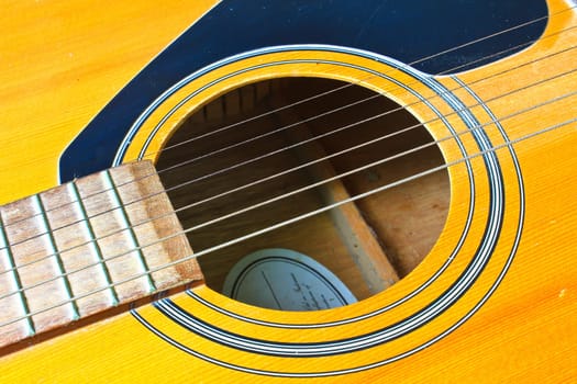 Acoustic guitar wood color close - up. The guitar background