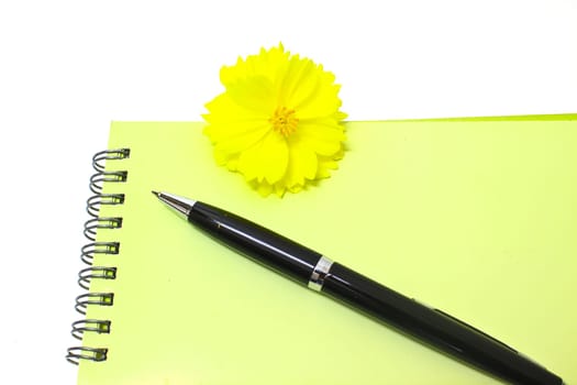 Pen resting on notebook and Yellow flower isolated on the white background
