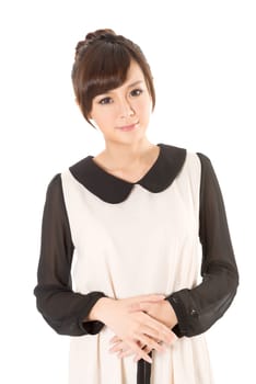 Asian beauty wear a spring dress, closeup portrait isolated on white background.
