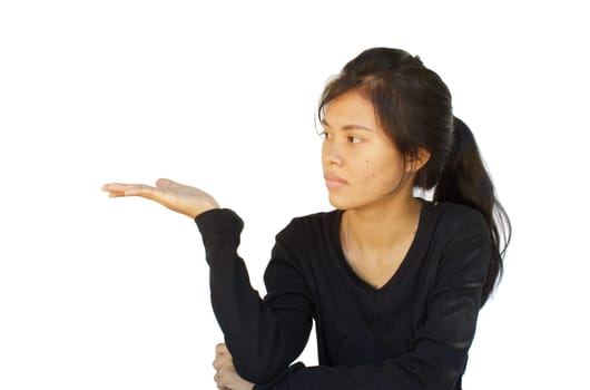 attractive asian young girl showing on white background