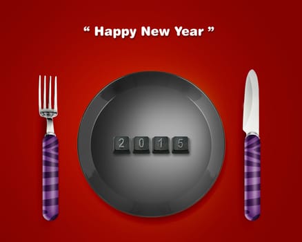 Happy new year 2015, keyboard buttons in plate with 2014 numbers with Fork and knife, the same concept available for 2015 year.