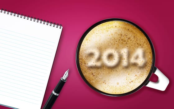 Happy new year 2014, cup of cappuccino with 2014 numbers made from foam with notepad and pen.
