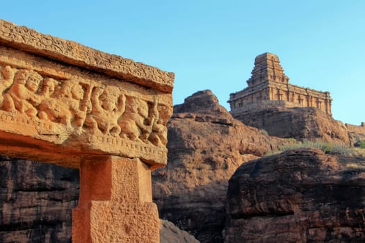 View of upper Shivalaya temple from lower  Shivalaya on northern hill at Badami, Karnataka, India, Asia