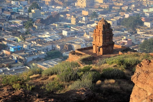 View of lower Shivalaya temple and town from upper Shivalaya on northern hill at Badami, Karnataka, India, Asia