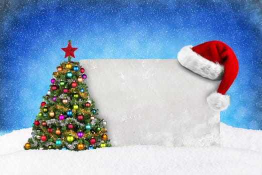 greeting card with Christmas tree and Santa hat