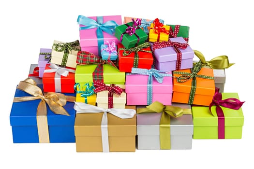 Many colorful Christmas gifts on piles