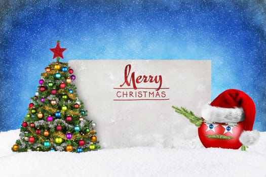 Greeting card with Christmas tree and ball with Santa hat