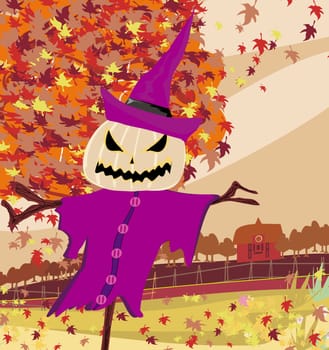 Halloween scarecrow, Autumn rural landscape